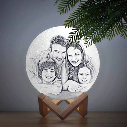Personalised lamp showing engraved message example on 3D-printed moon with double-sided photos and custom text — a keepsake wedding or anniversary gift