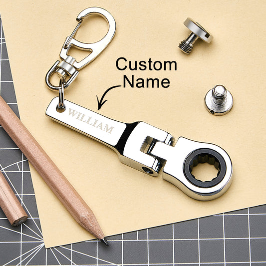 Personalised ratchet wrench keyring with engraved name close-up, stainless steel 10mm mini tool keychain gift for him