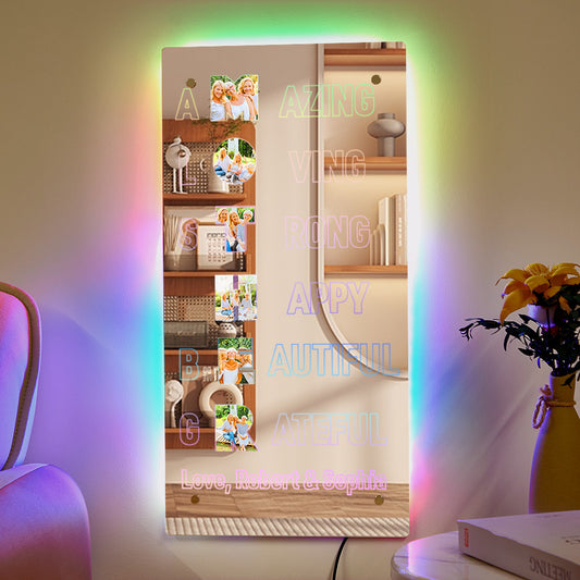 Personalised Mother's Day Mirror Light displaying a family photo with warm LED glow — custom photo lamp gift for Mum