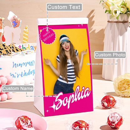 Girls personalised treat bag with child's photo and name on the front – birthday party favour gift in food-grade kraft paper