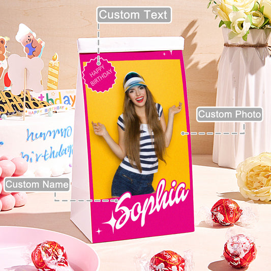 Girls personalised treat bag with child's photo and name on the front – birthday party favour gift in food-grade kraft paper