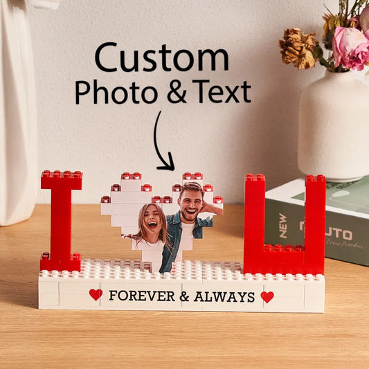 Personalised 'I Love You' photo brick puzzle assembled on free-standing ABS display — custom photo block gift