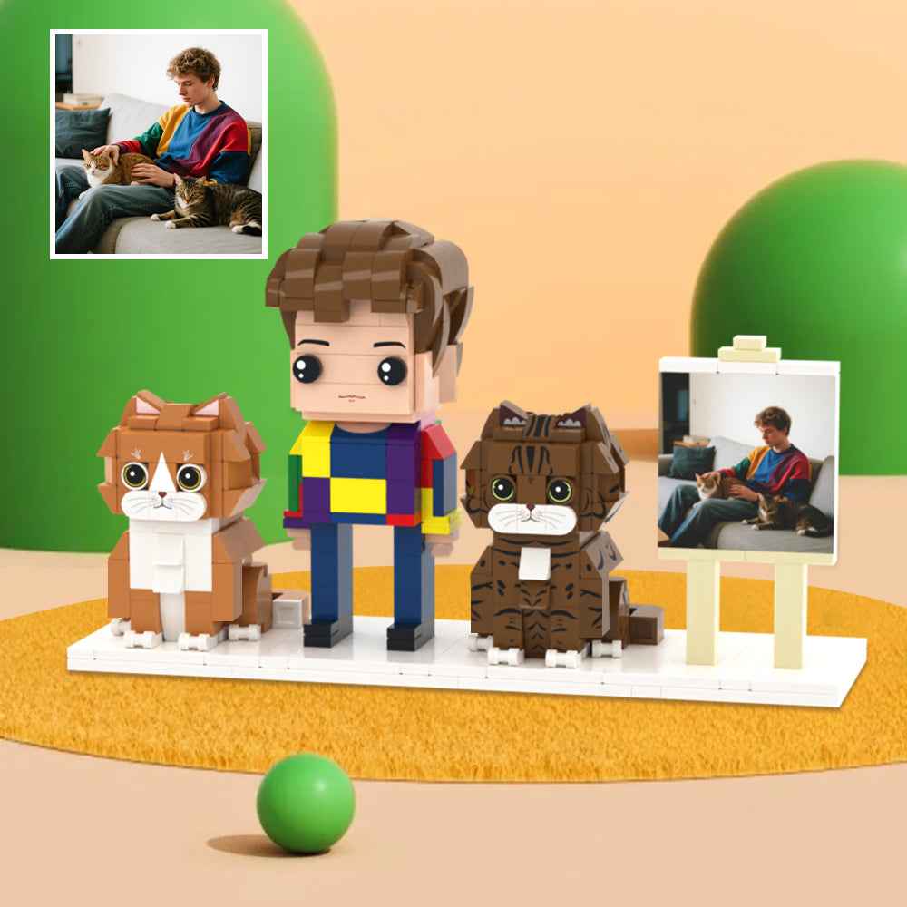 Custom Full-Body Brick Figures of 1 Person and 2 Cats with Frame Personalized Anniversary Gift Birthday Gift