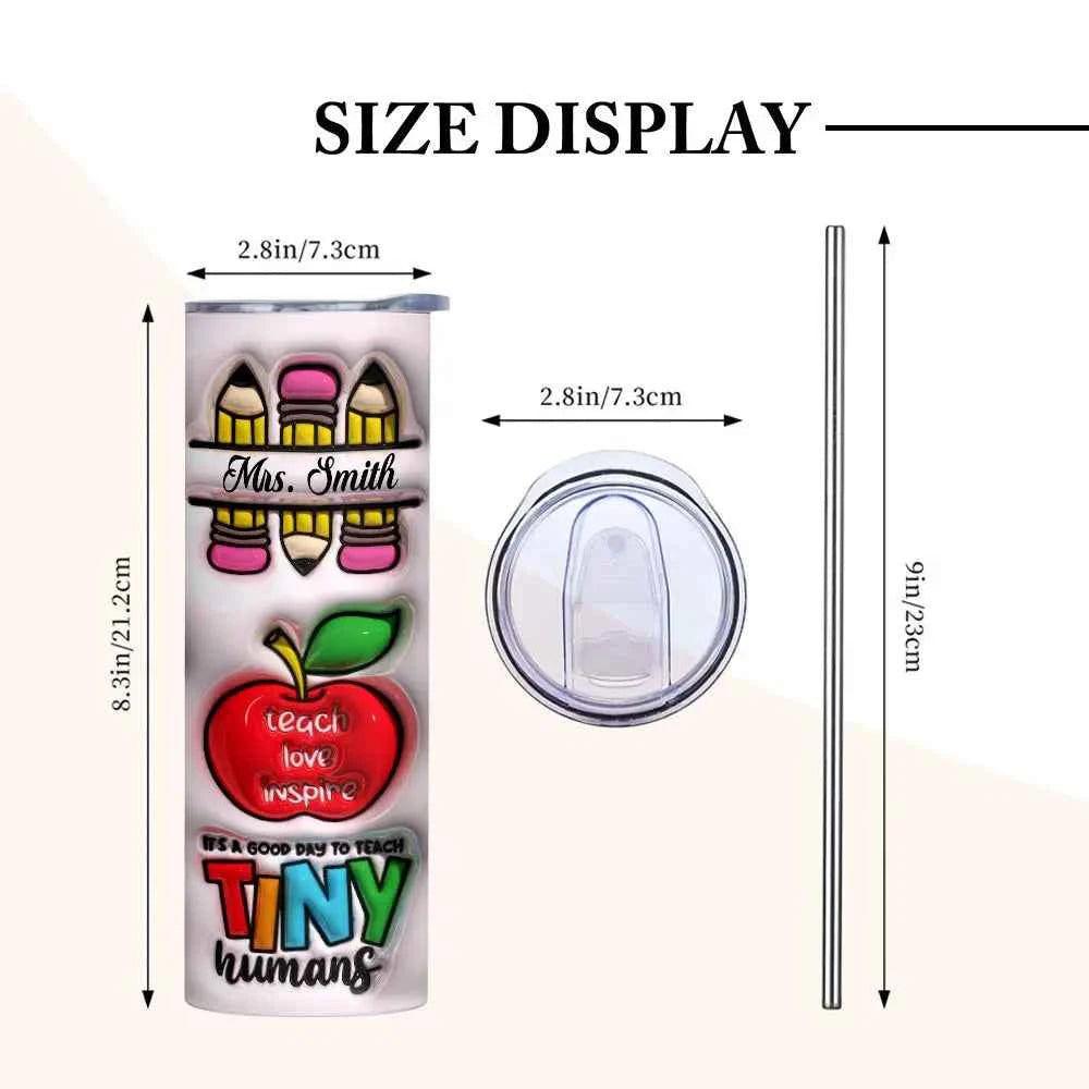 Personalized 3D Inflated Effect Apple Pencil Rainbow Design 20oz Skinny Tumbler Lid and Straw Back to School Gift for Teacher