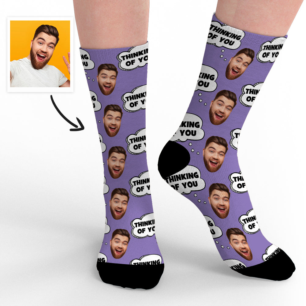 Close‑up of personalised face socks showing vivid heat‑transfer print and fine knit fabric – custom photo socks, long‑lasting colours