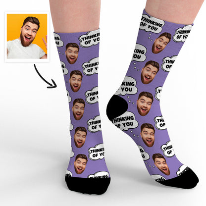 Close‑up of personalised face socks showing vivid heat‑transfer print and fine knit fabric – custom photo socks, long‑lasting colours