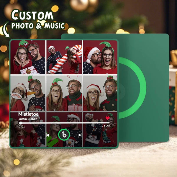 FridgeBeats Framed Personalised Music Fridge Magnet on stainless-steel fridge showing a custom photo and play icon — waterproof acrylic personalised singing refrigerator magnet with custom MP3