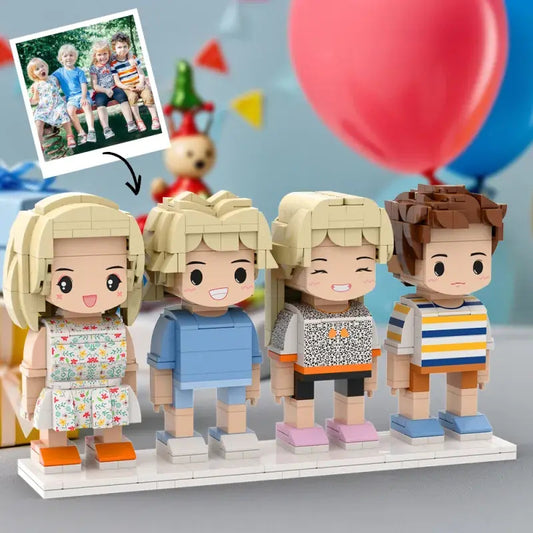Main product shot of personalised full‑body customisable brick figures — small particle block keepsake made from eco‑friendly ABS