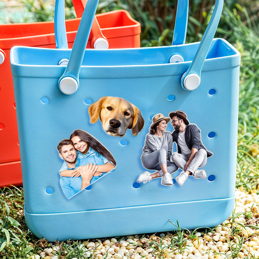 Personalised Photo Acrylic Button Charm 3in clipped to a bag — clear acrylic keepsake and Bogg bag accessory