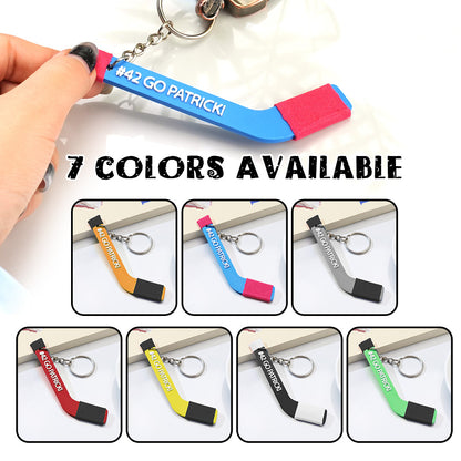 Personalised miniature hockey stick keyring attached to keys and a bag — compact PLA keyring gift for coaches, players and mentors