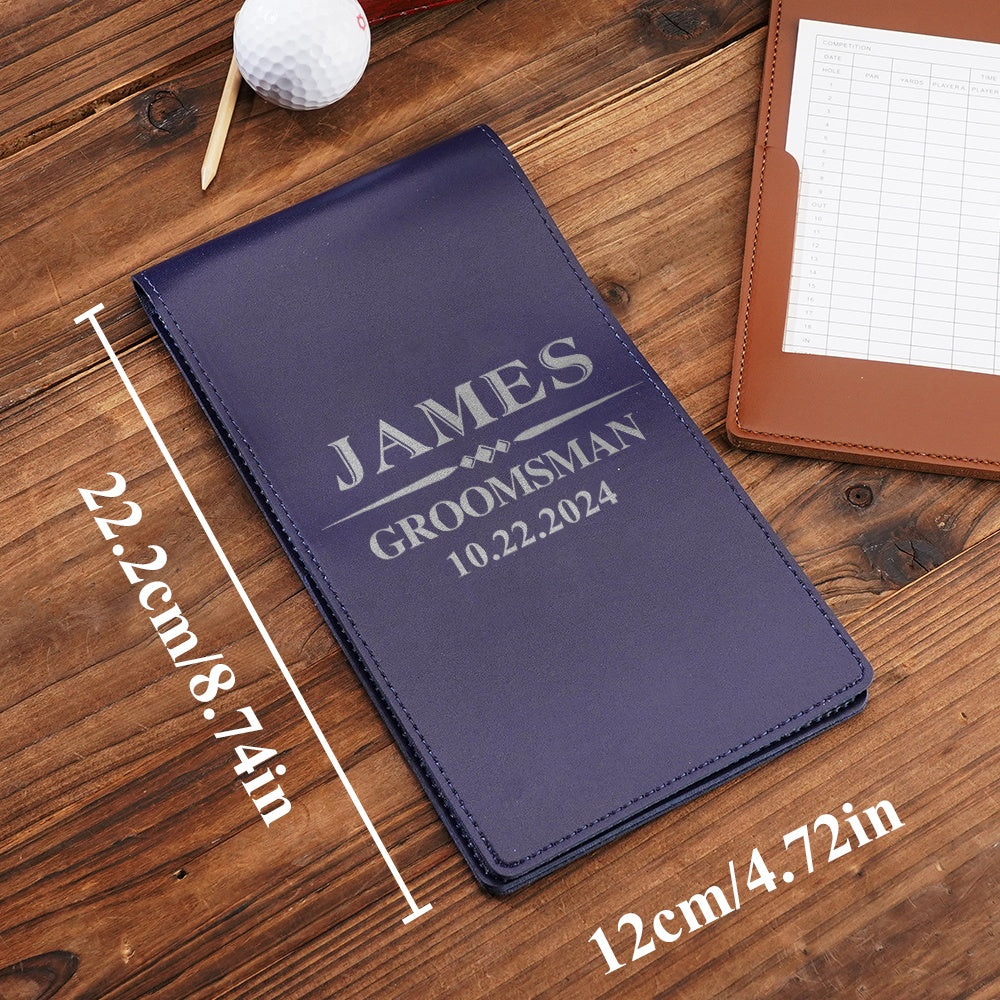 Detail of PU leather grain and neat stitching on personalised golf scorecard holder