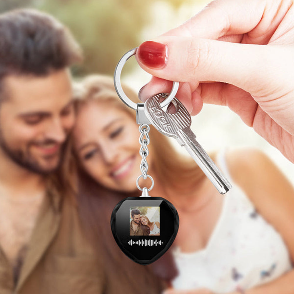 Close-up of heart crystal keyring highlighting scannable music code and vivid UV printing for a personalised photo gift