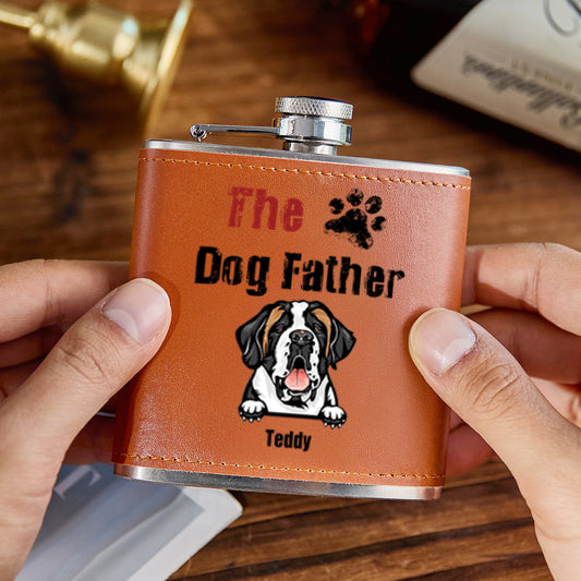 Personalised leather whisky flask 6oz with engraved name and paw print on premium PU leather wrap — ideal engraved gift for Dad and pet lovers