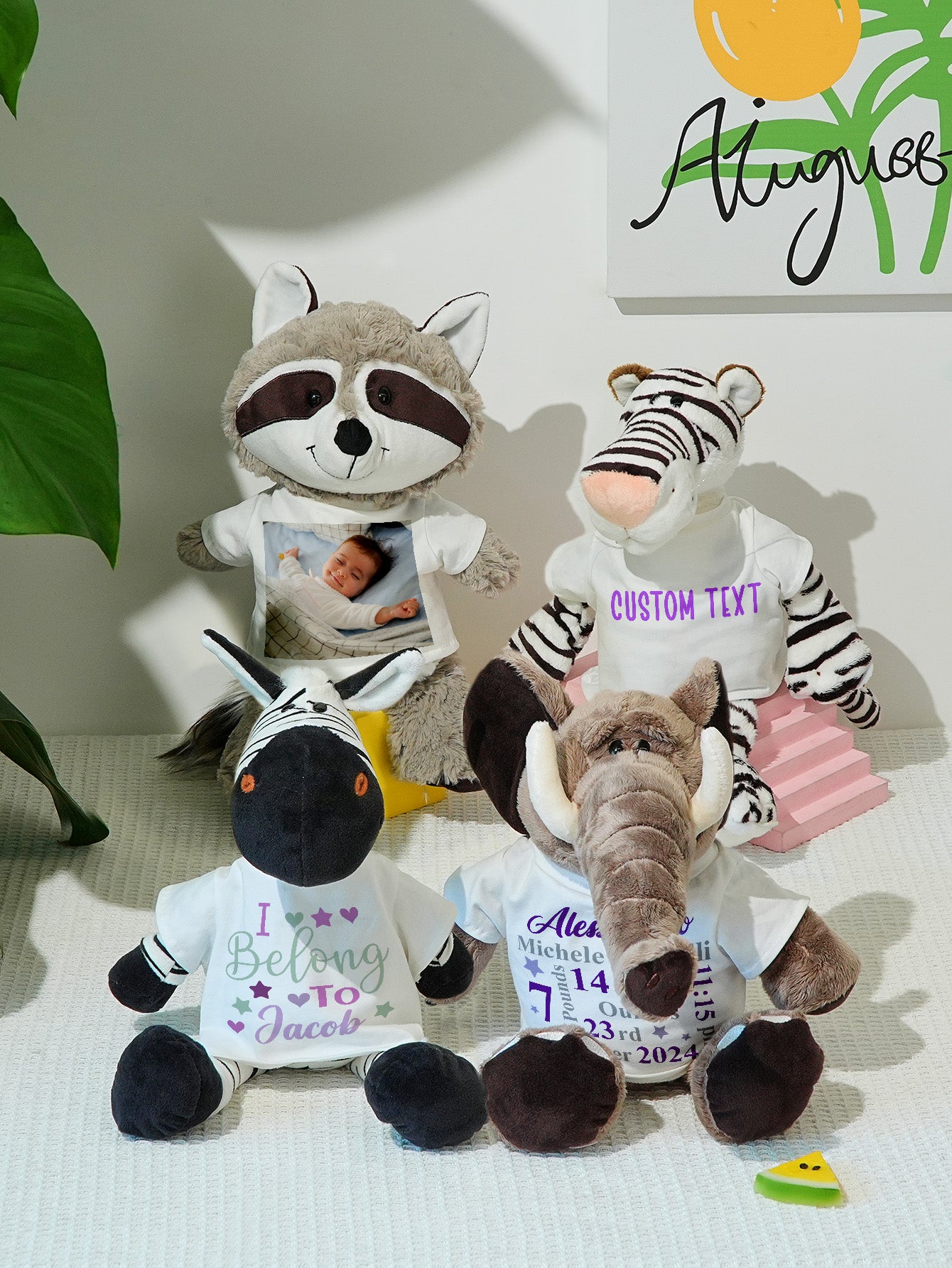Angled nursery display of personalised animal plush toy showing soft plush fabric and cuddly pose — baby shower gift idea