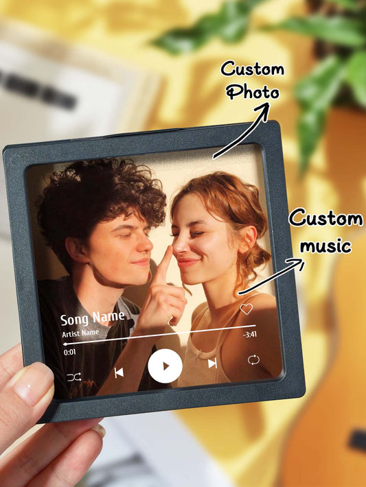 Personalised Photo Music Fridge Magnet featuring a custom family photo and play button that plays your chosen song keepsake