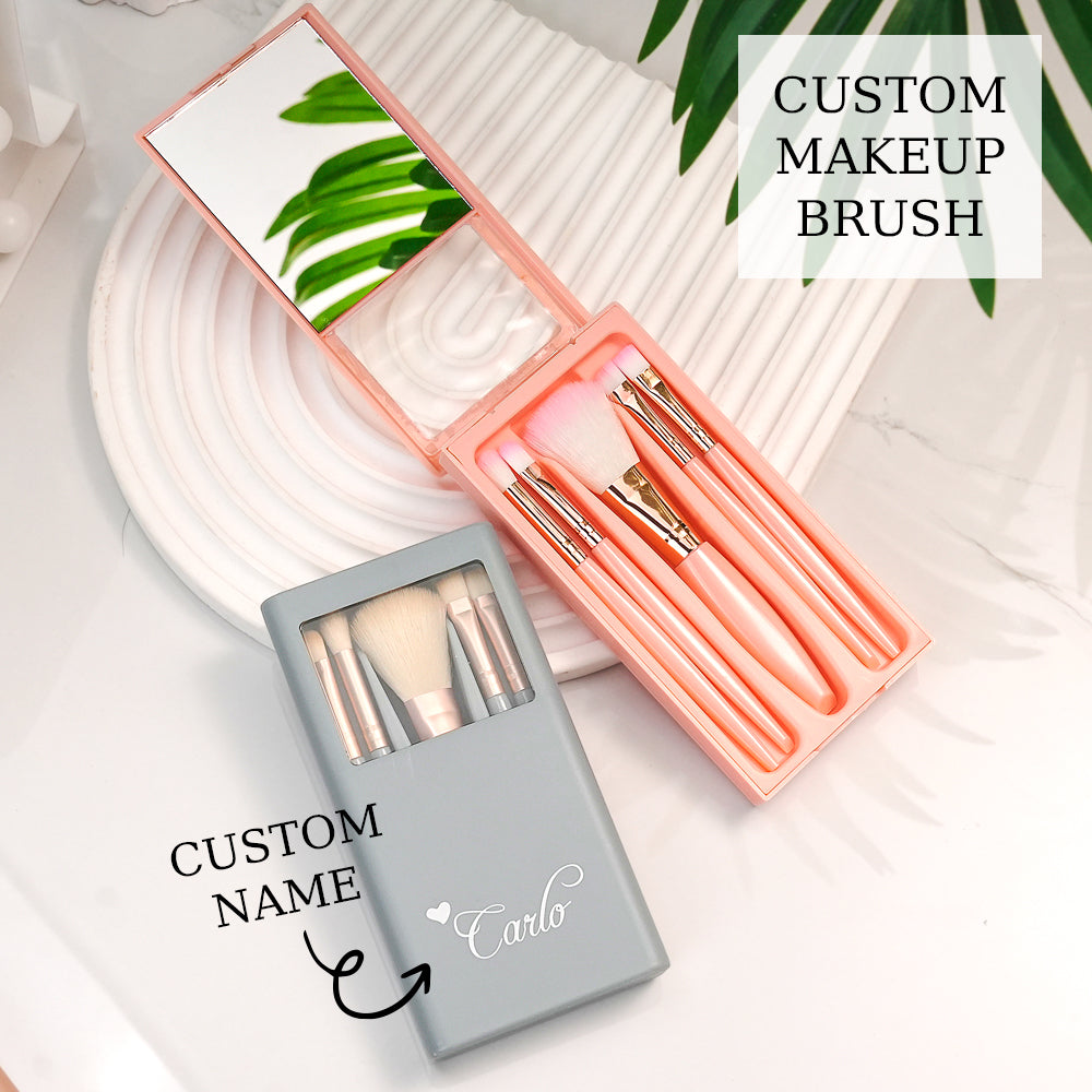 Personalised engraved make-up brush set in a compact storage case with custom name engraving — engraved make-up brushes for a personalised gift