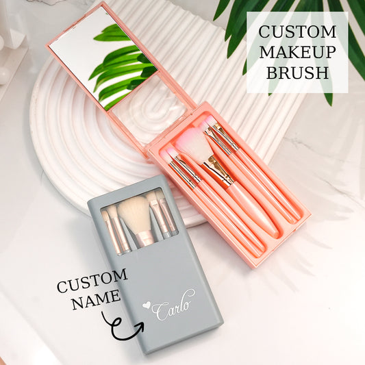 Personalised engraved make-up brush set in a compact storage case with custom name engraving — engraved make-up brushes for a personalised gift