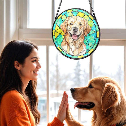 Custom pet stained glass suncatcher personalised with pet photo — 16 cm memorial ornament for pet remembrance