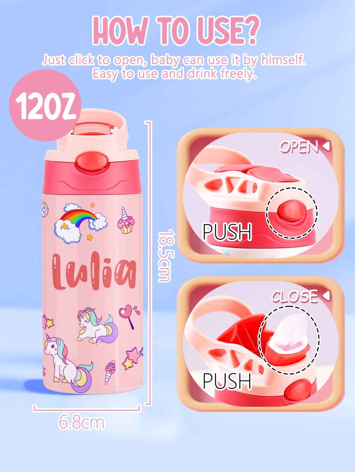 Custom Name Rainbow Unicorn Stainless Steel Water Cup Children's Day Gift for Kids