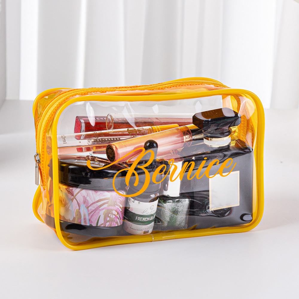 Transparent personalised cosmetic pouch filled with makeup and brushes – waterproof PVC bag, ideal bridesmaid or travel organiser