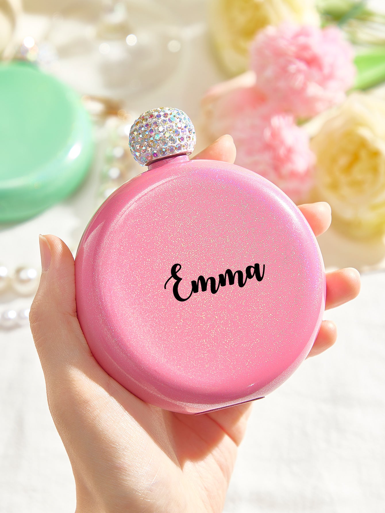 Personalised Round 5oz Glitter Flask with Name Engraving - Unique Birthday Gift for Her