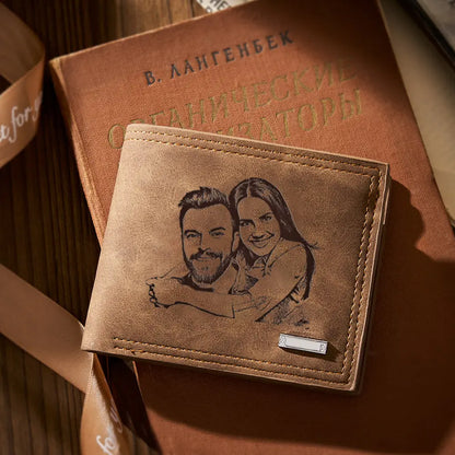 Close-up of high-definition UV printed personalised photo and fine PU leather texture on engraved wallet — vivid colours, no fading
