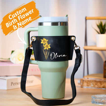 Close-up of personalised text and floral print on a birth flower water bottle carrier for 40oz Stanley tumblers