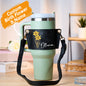 Close-up of personalised text and floral print on a birth flower water bottle carrier for 40oz Stanley tumblers