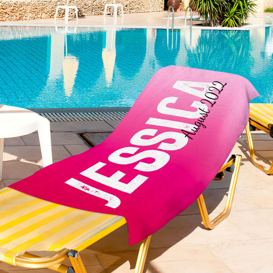 Personalised gradient beach towel 70x140cm with custom name in vivid print — lightweight, fast-dry custom towel ideal as a beach gift