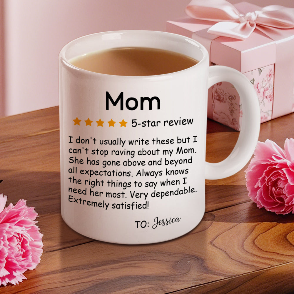 Personalised ceramic mug boxed and ready to gift — five-star review design with custom name, perfect for Mum's birthday