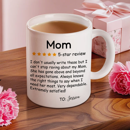 Personalised ceramic mug boxed and ready to gift — five-star review design with custom name, perfect for Mum's birthday