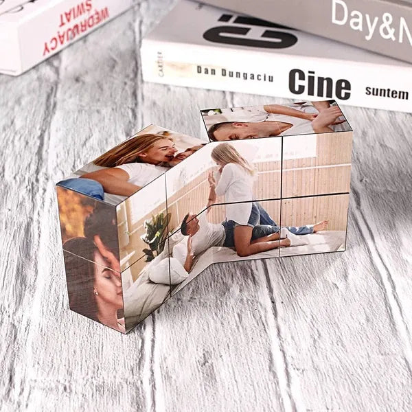 Personalised Photo Cube held in hand to show scale (7cm plastic cube) — compact custom Rubik's-style gift for Dad or colleagues