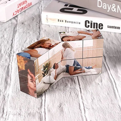 Personalised Photo Cube held in hand to show scale (7cm plastic cube) — compact custom Rubik's-style gift for Dad or colleagues