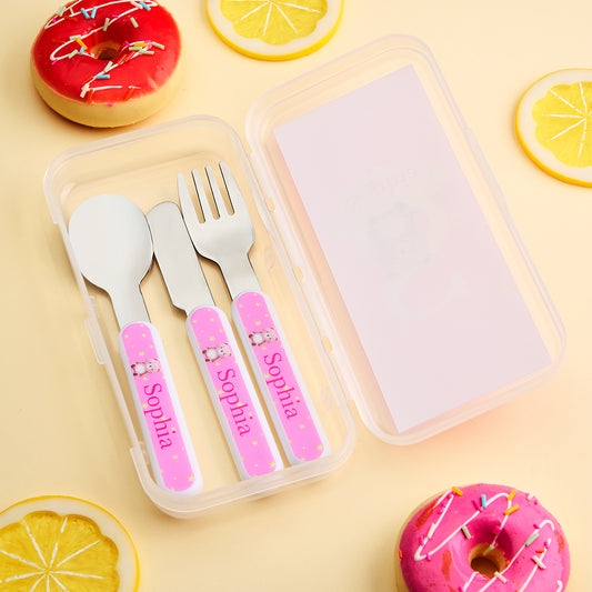 Personalised children's cutlery set with cartoon animal fork, spoon and knife in storage case – stainless steel heads and BPA-free PP handles, ideal birthday gift