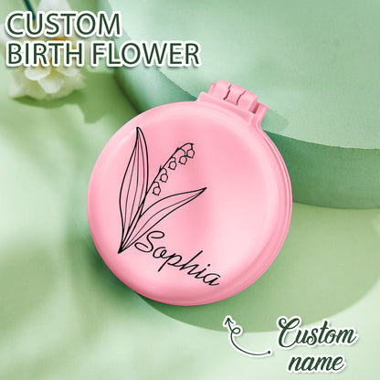 Personalised Foldable Mirror with Hair Brushes | Mini Birth Flower Cushion Mirror Comb Gift