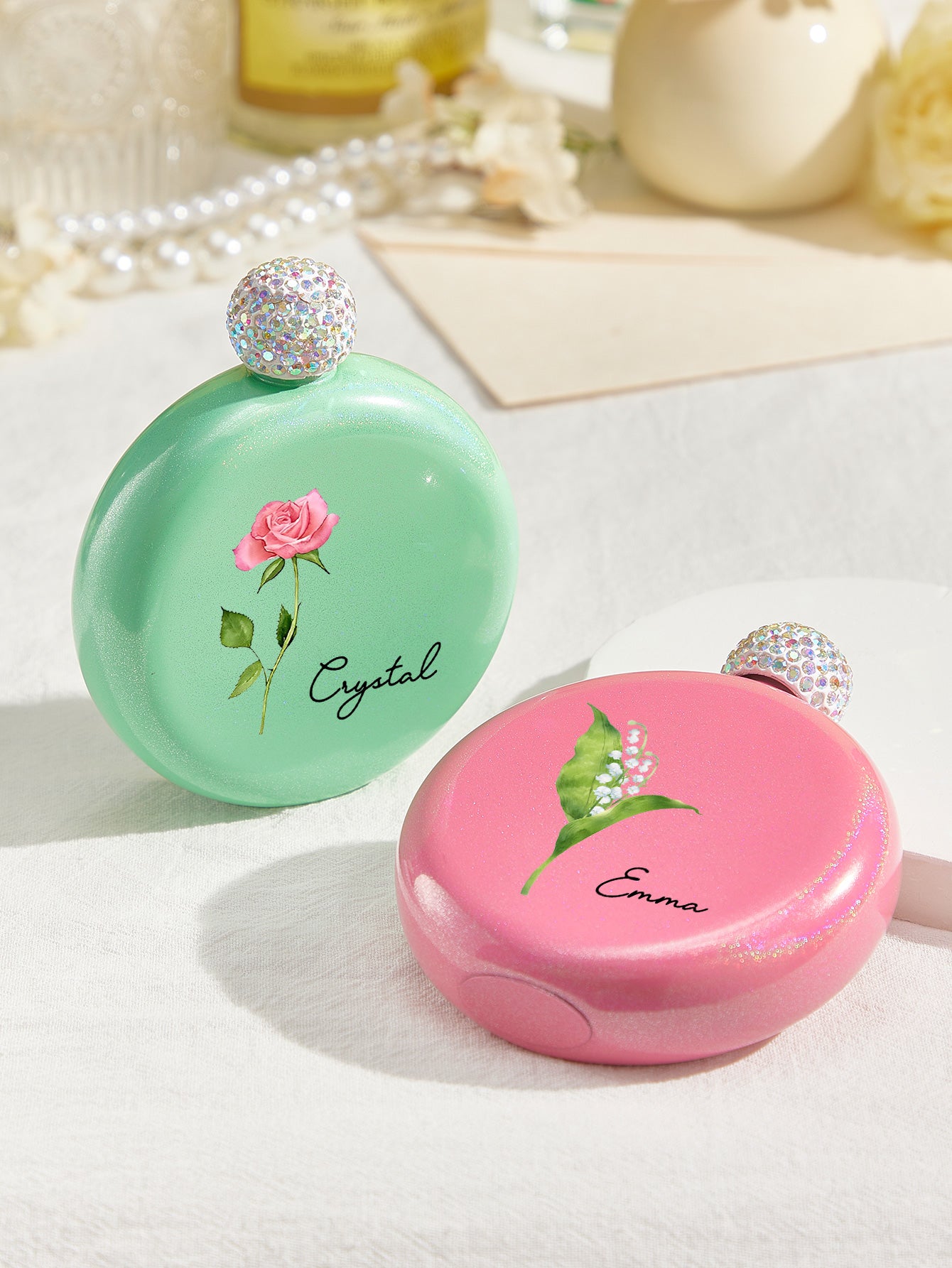 Personalised Birth Flower Round Flask with Name - 5oz Glitter Bridesmaid Gift