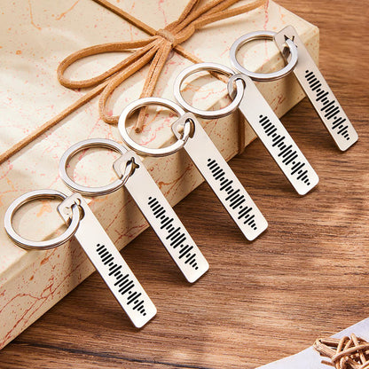 Personalised Music Code Keyring - engraved 3D stainless steel bar with scannable Spotify music code, polished finish