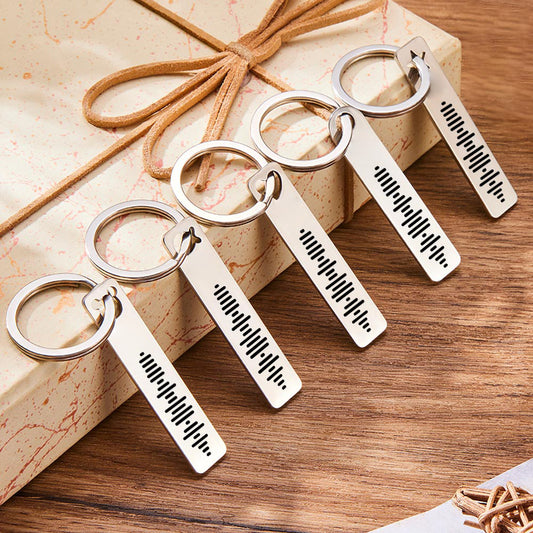 Personalised Music Code Keyring - engraved 3D stainless steel bar with scannable Spotify music code, polished finish