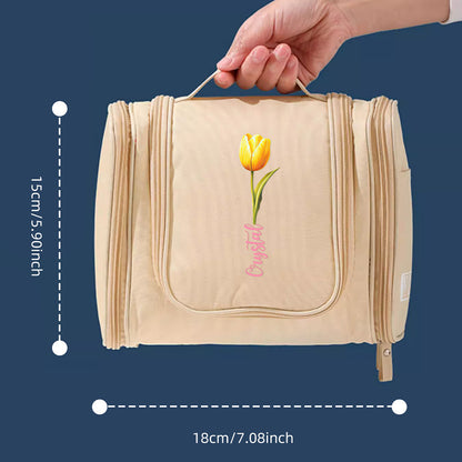 Stylish personalised birth flower toiletry bag styled on a dressing table — perfect personalised gift for teens, daughters and friends