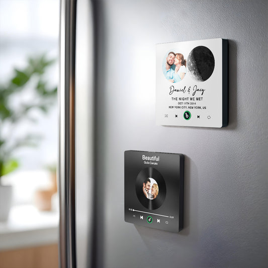 FridgeBeats Frameless 4.0 personalised moon phase music fridge magnet on a stainless‑steel fridge, playing a custom song – perfect custom song gift