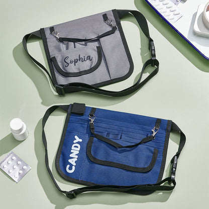 Personalised nurse fanny pack front view showing name print, multiple pockets and adjustable strap — nurse organiser bag for medical staff