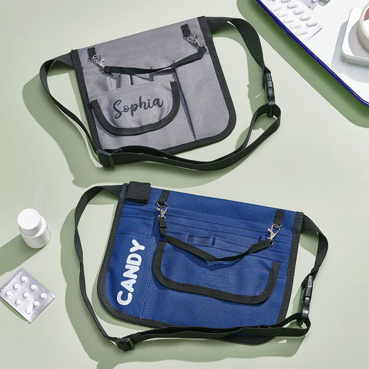 Personalised nurse fanny pack front view showing name print, multiple pockets and adjustable strap — nurse organiser bag for medical staff