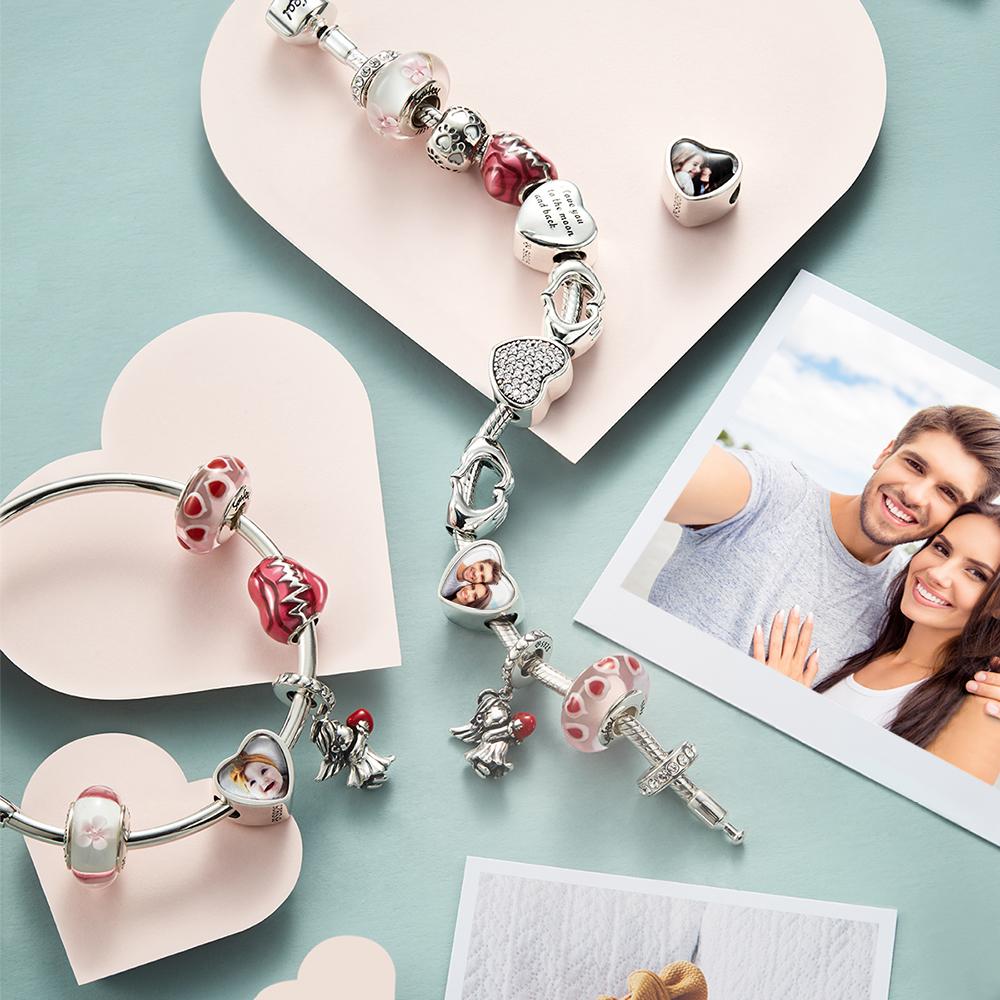 Personalised engraved heart photo charm displayed on a delicate necklace chain, silver-plated over copper — thoughtful gift for her