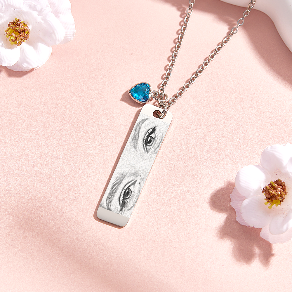 Custom Photo Necklace with Birthstone Eye Engraved Necklace Gifts for Her