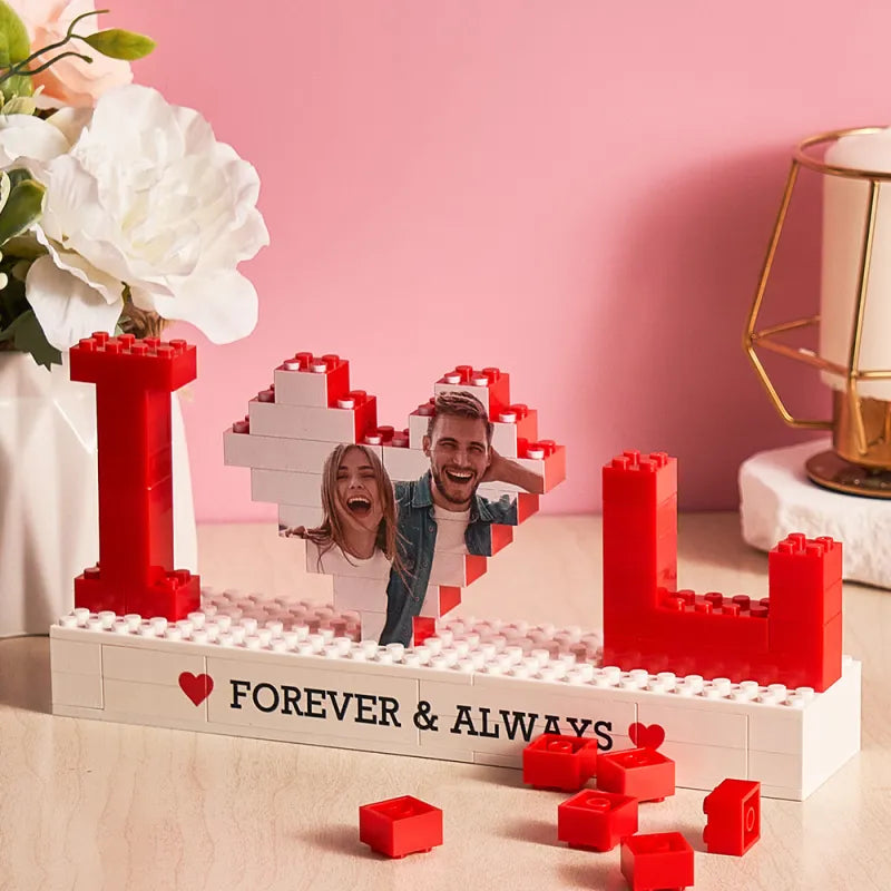 Close-up of vivid UV print on ABS bricks highlighting photo detail and personalised text option