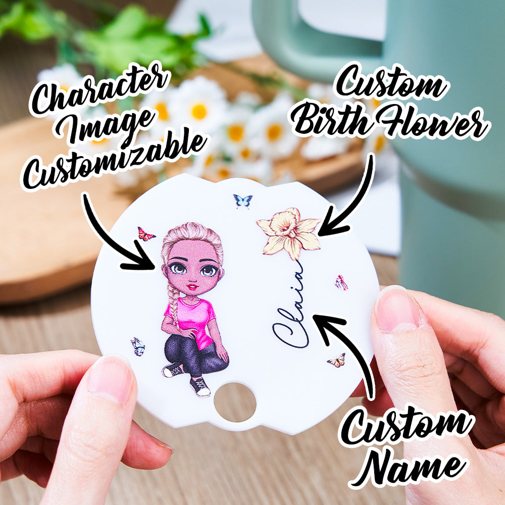 Personalised acrylic Cartoon Girl birth flower name tag lid topper fitted on a 40oz Stanley tumbler lid, personalised text visible