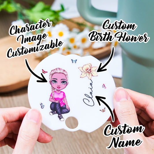 Personalised acrylic Cartoon Girl birth flower name tag lid topper fitted on a 40oz Stanley tumbler lid, personalised text visible
