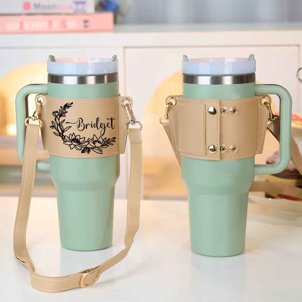 Personalized Floral Pattern Water Bottle Carrier Bag with Adjustable Strap for 40oz Stanley Tumbler Gift for Her