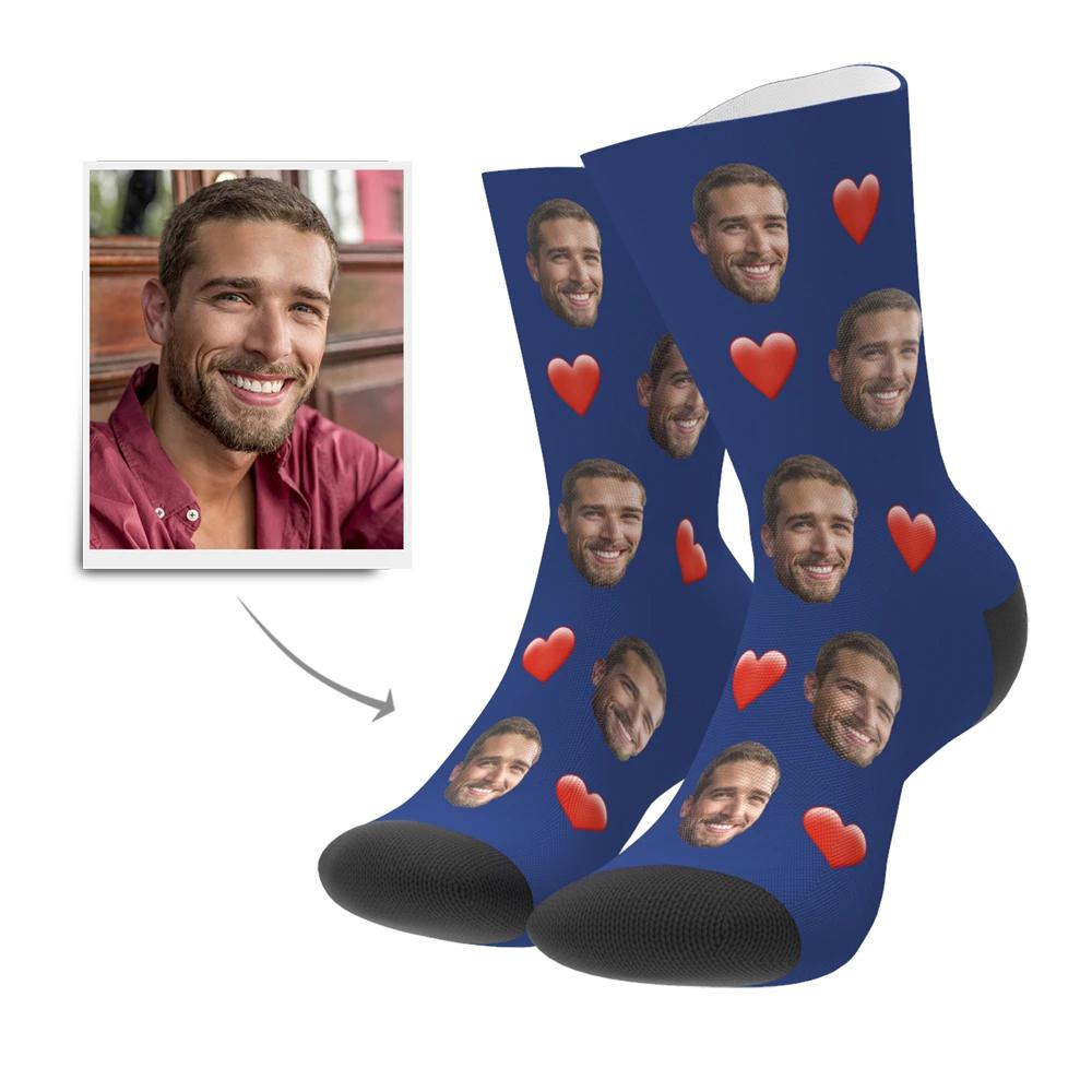 Folded personalised face socks with heart design — bespoke photo socks ideal for birthdays, weddings and groomsmen gifts