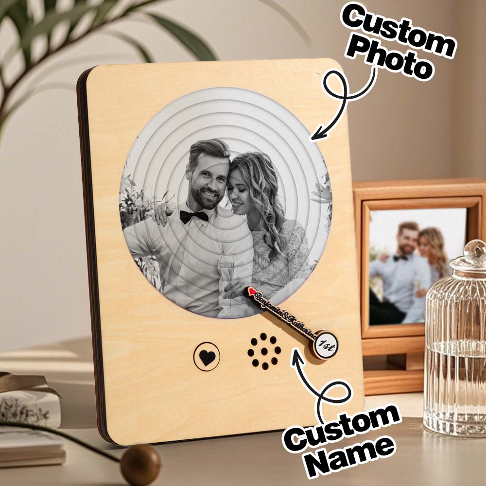 Scale comparison showing 6.2in x 8.2in personalised wooden record player beside everyday items for size reference